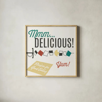 Retro Food Kabob by Wild Apple Portfolio. Shown in a natural wood glass frame for a timeless modern aesthetic. Available as an archival giclee rolled canvas, fine art paper, or poster print. SKU 92164a.