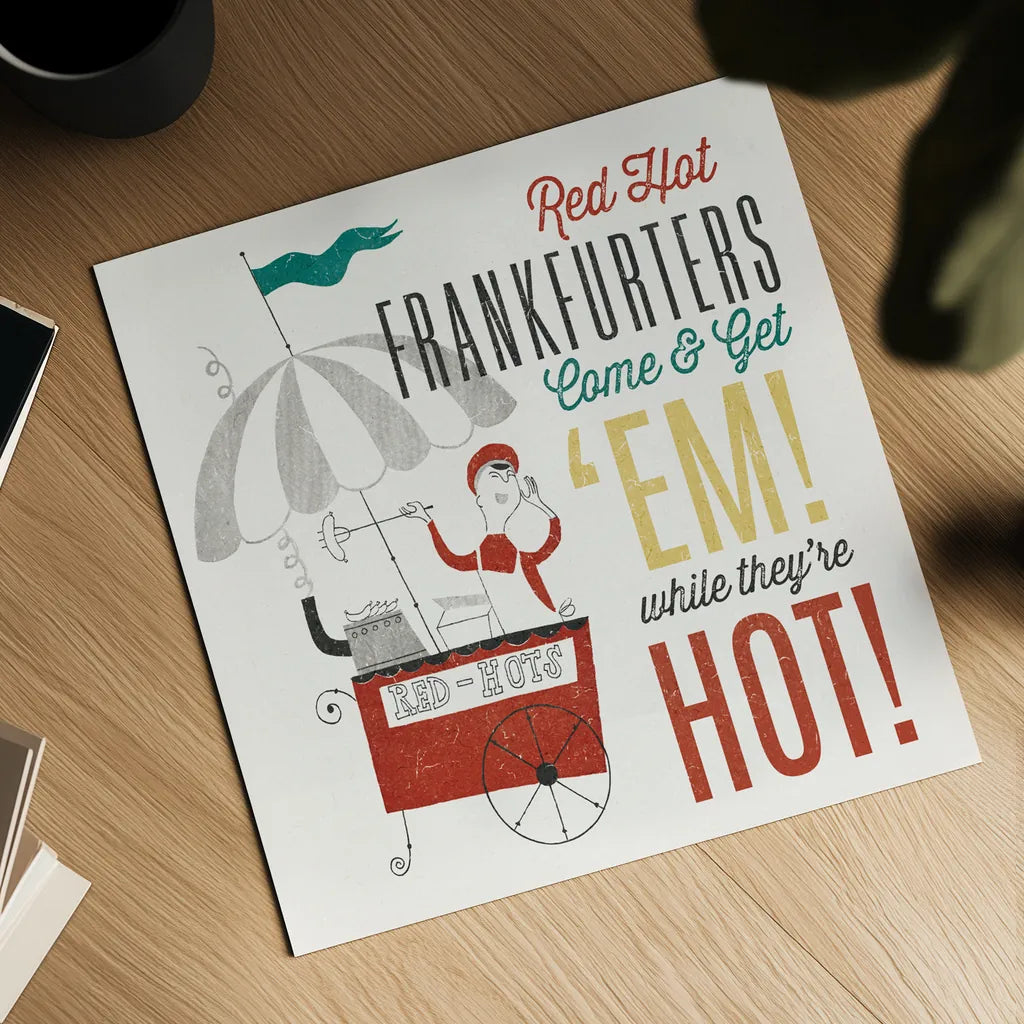 Retro Food Red Hots by Wild Apple Portfolio. Shown as a detailed flat fine art print, highlighting archival giclee quality. Available as an archival giclee rolled canvas, fine art paper, or poster print. SKU 92165a.