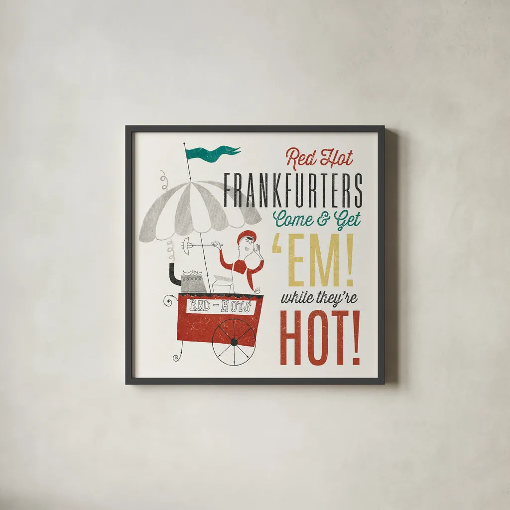 Retro Food Red Hots by Wild Apple Portfolio. Shown in a sleek black glass frame for a contemporary gallery look. Available as an archival giclee rolled canvas, fine art paper, or poster print. SKU 92165a.