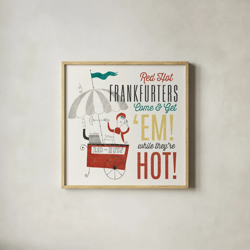 Retro Food Red Hots by Wild Apple Portfolio. Shown in a natural wood glass frame for a timeless modern aesthetic. Available as an archival giclee rolled canvas, fine art paper, or poster print. SKU 92165a.