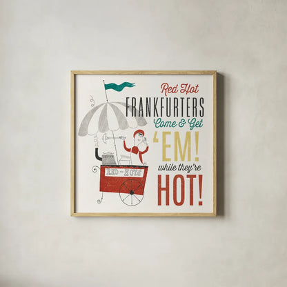 Retro Food Red Hots by Wild Apple Portfolio. Shown in a natural wood glass frame for a timeless modern aesthetic. Available as an archival giclee rolled canvas, fine art paper, or poster print. SKU 92165a.
