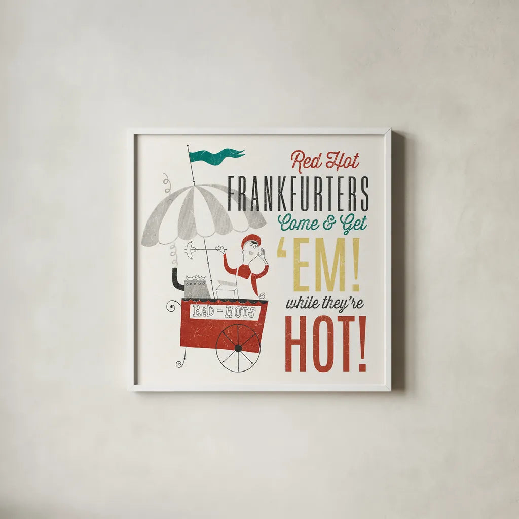 Retro Food Red Hots by Wild Apple Portfolio. Shown in a crisp white glass frame for a clean and minimalist style. Available as an archival giclee rolled canvas, fine art paper, or poster print. SKU 92165a.