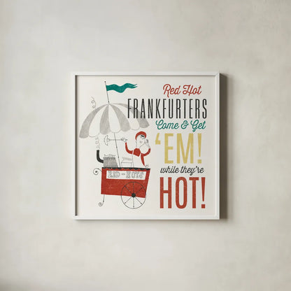 Retro Food Red Hots by Wild Apple Portfolio. Shown in a crisp white glass frame for a clean and minimalist style. Available as an archival giclee rolled canvas, fine art paper, or poster print. SKU 92165a.