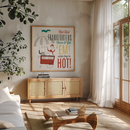Retro Food Red Hots by Wild Apple Portfolio. Shown in a natural wood frame in a cozy modern living room. Available as an archival giclee rolled canvas, fine art paper, or poster print. SKU 92165a.