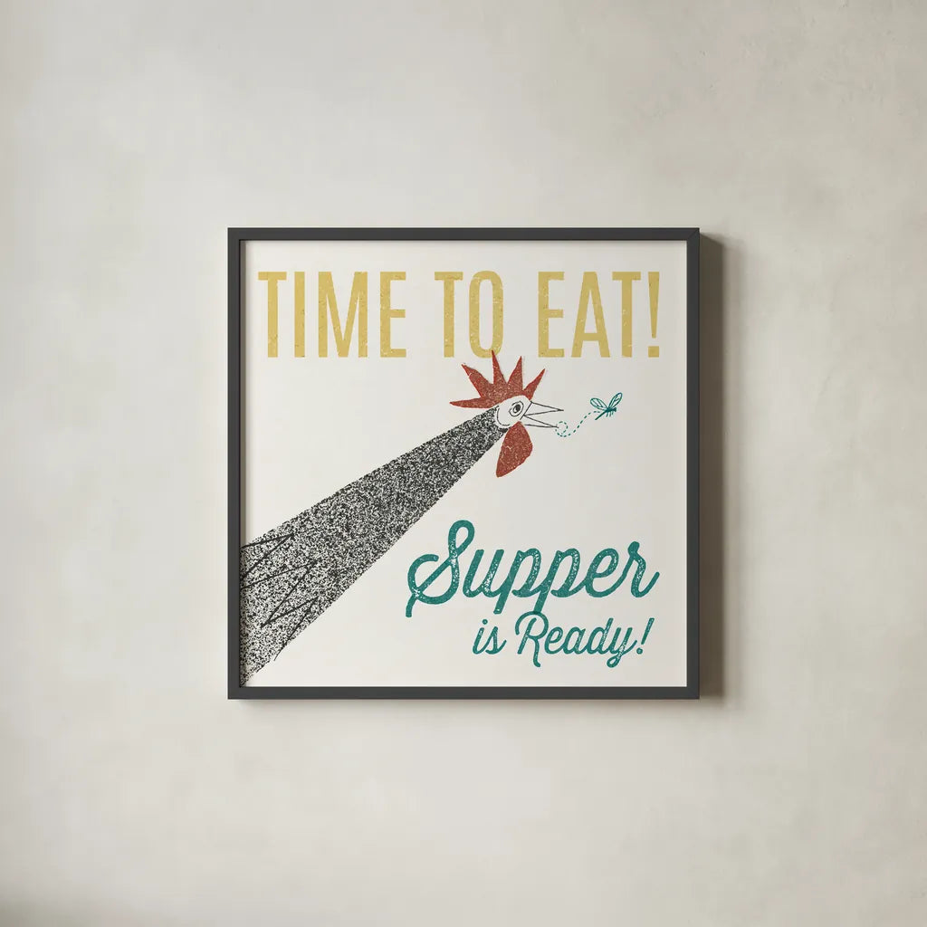 Retro Food Rooster by Wild Apple Portfolio. Shown in a sleek black glass frame for a contemporary gallery look. Available as an archival giclee rolled canvas, fine art paper, or poster print. SKU 92166a.