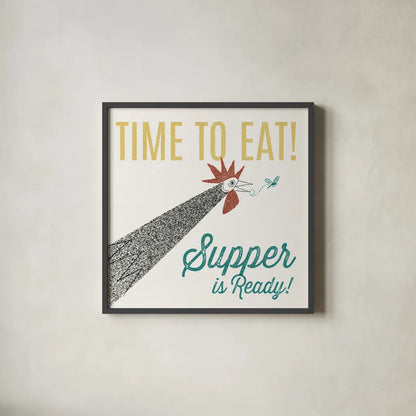 Retro Food Rooster by Wild Apple Portfolio. Shown in a sleek black glass frame for a contemporary gallery look. Available as an archival giclee rolled canvas, fine art paper, or poster print. SKU 92166a.