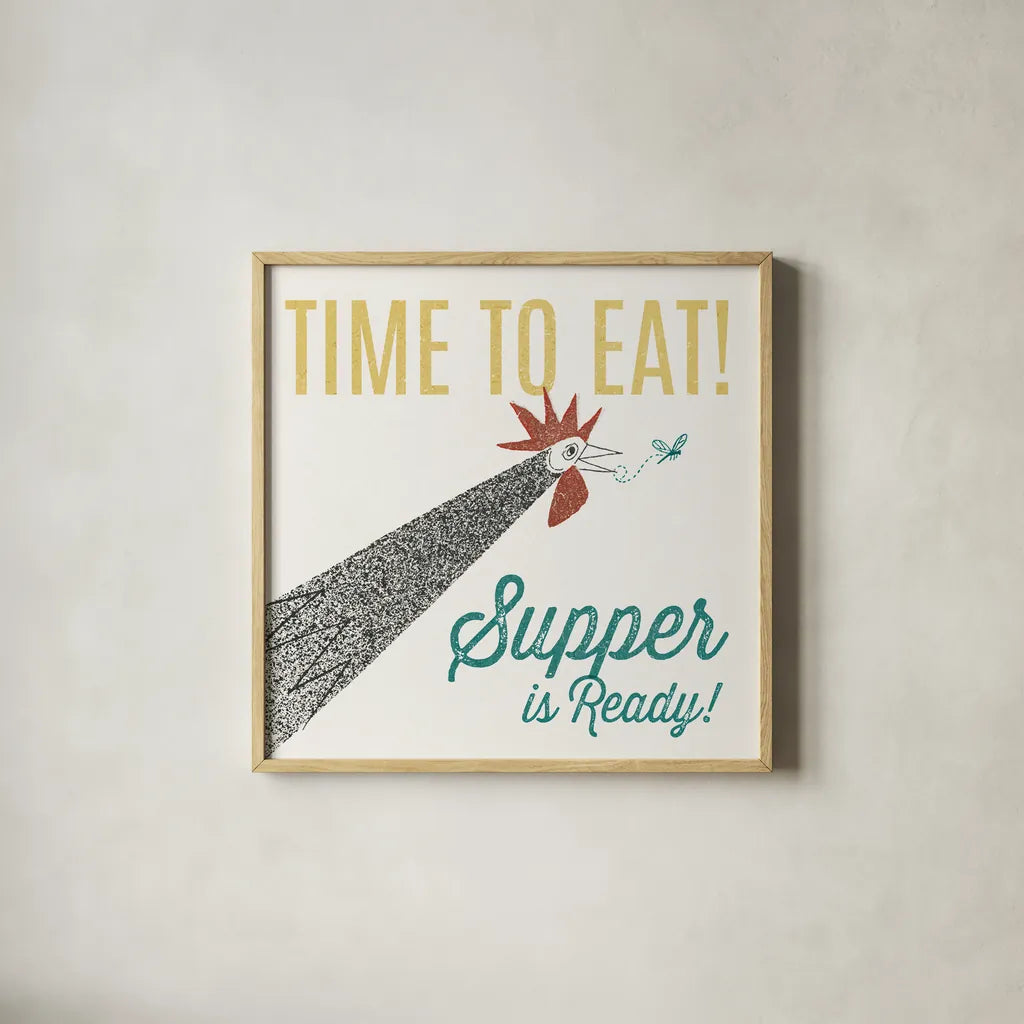 Retro Food Rooster by Wild Apple Portfolio. Shown in a natural wood glass frame for a timeless modern aesthetic. Available as an archival giclee rolled canvas, fine art paper, or poster print. SKU 92166a.