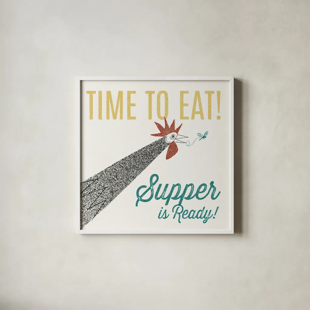 Retro Food Rooster by Wild Apple Portfolio. Shown in a crisp white glass frame for a clean and minimalist style. Available as an archival giclee rolled canvas, fine art paper, or poster print. SKU 92166a.