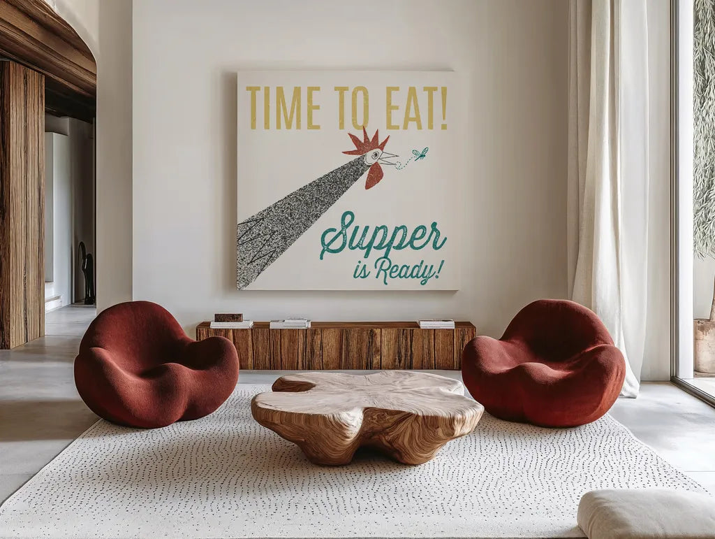 Retro Food Rooster by Wild Apple Portfolio. Shown as extra-large giant wall art in a modern living room. Available as an archival giclee rolled canvas, fine art paper, or poster print. SKU 92166a.