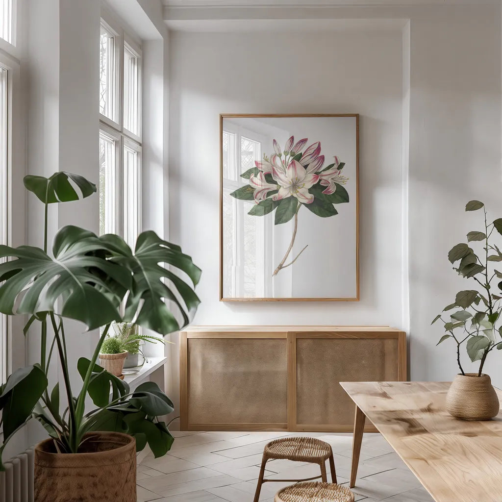 Rhododendron Bright by Wild Apple Portfolio. shown as a print in a natural wood frame in a dining room. Available as a archival giclee rolled canvas, fine art paper, or poster print. SKU 45387h.