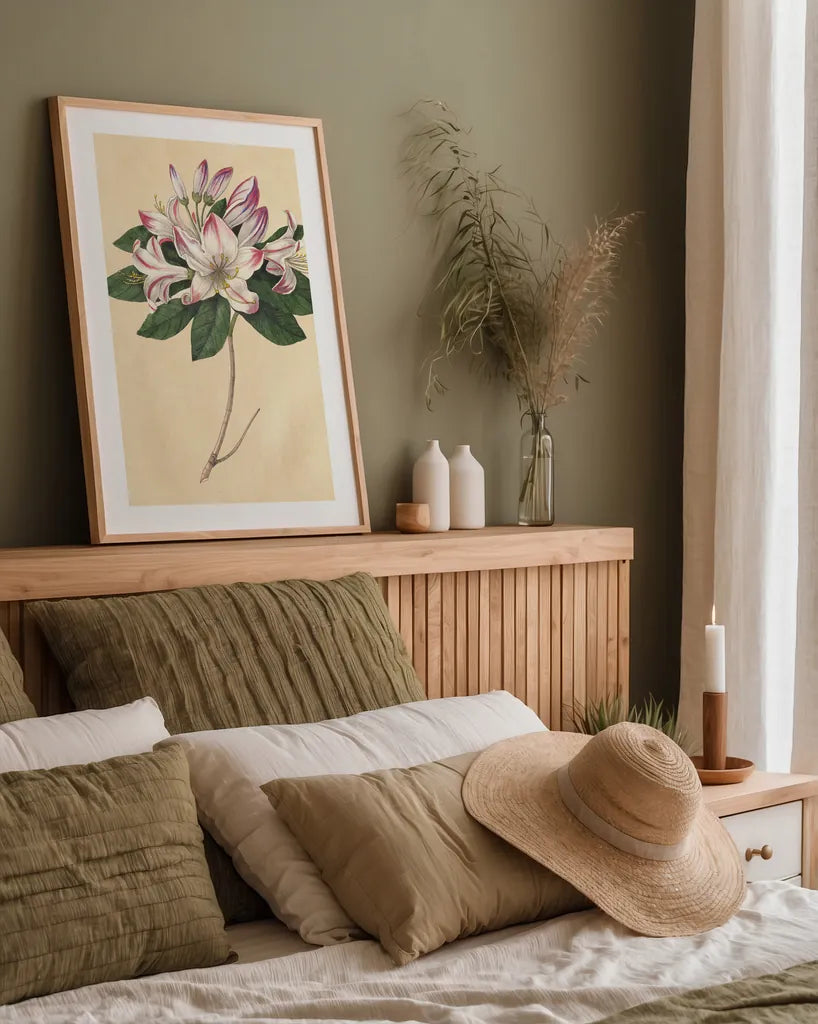 Rhododendron Vintage by Wild Apple Portfolio. shown as a paper print in a natural frame. Available as a archival giclee rolled canvas, fine art paper, or poster print. SKU 45389h.