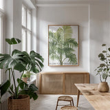 Riviera Palms I by Wild Apple Portfolio. shown as a print in a natural wood frame in a dining room. Available as a archival giclee rolled canvas, fine art paper, or poster print. SKU 9919h.