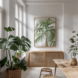 Riviera Palms II by Wild Apple Portfolio. shown as a print in a natural wood frame in a dining room. Available as a archival giclee rolled canvas, fine art paper, or poster print. SKU 9920h.