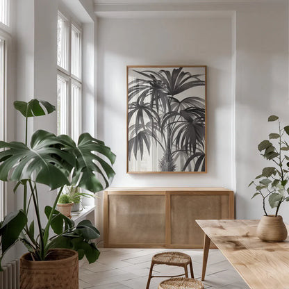 Riviera Palms II BW by Wild Apple Portfolio. shown as a print in a natural wood frame in a dining room. Available as a archival giclee rolled canvas, fine art paper, or poster print. SKU 75167h.