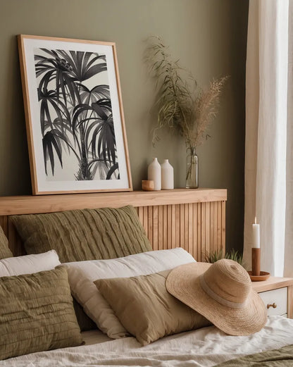 Riviera Palms II BW by Wild Apple Portfolio. shown as a paper print in a natural frame. Available as a archival giclee rolled canvas, fine art paper, or poster print. SKU 75167h.
