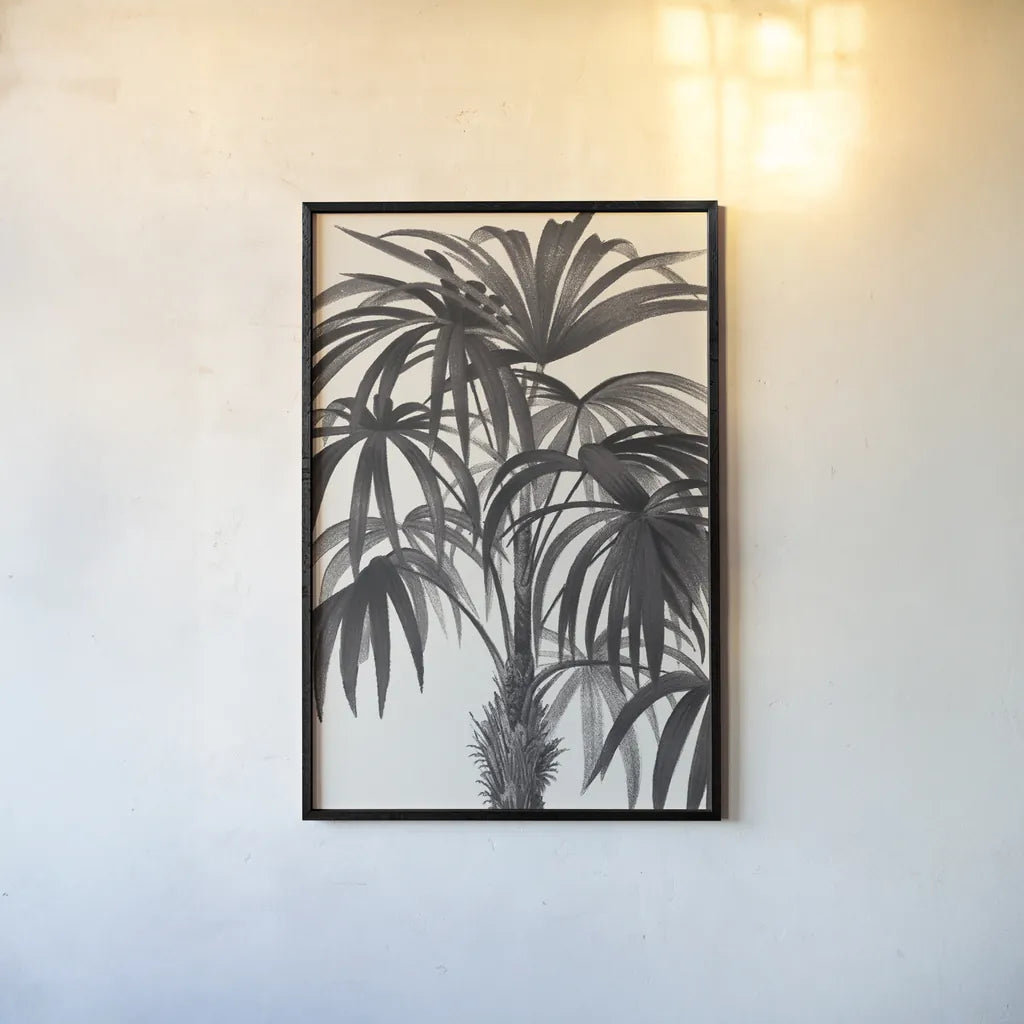 Riviera Palms II BW by Wild Apple Portfolio. shown as a paper print in a black flame. Available as a archival giclee rolled canvas, fine art paper, or poster print. SKU 75167h.