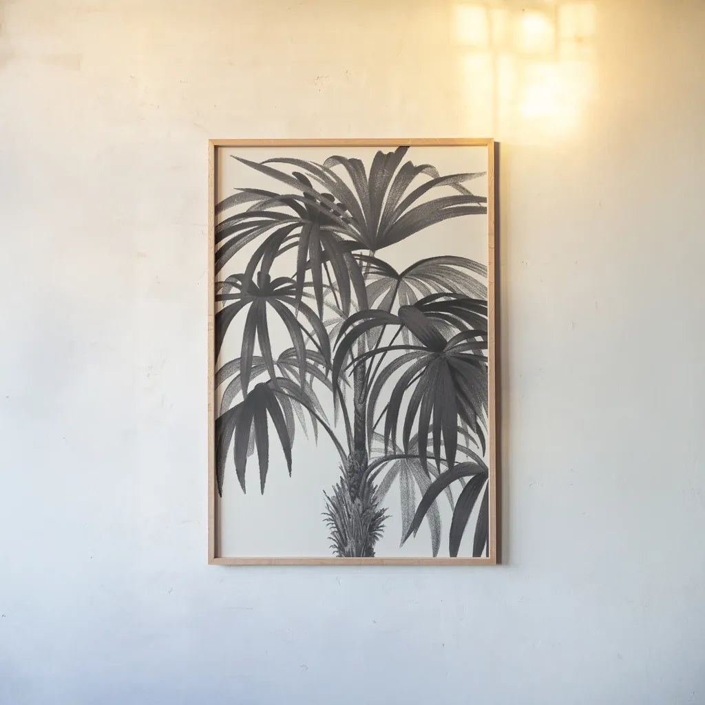 Riviera Palms II BW by Wild Apple Portfolio. shown as a paper print in a natural frame. Available as a archival giclee rolled canvas, fine art paper, or poster print. SKU 75167h.