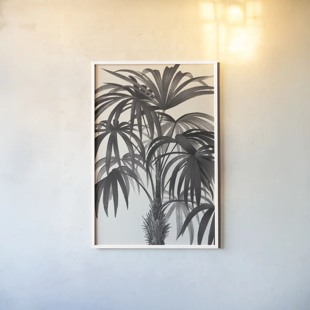 Riviera Palms II BW by Wild Apple Portfolio. shown as a paper print in a white frame. Available as a archival giclee rolled canvas, fine art paper, or poster print. SKU 75167h.