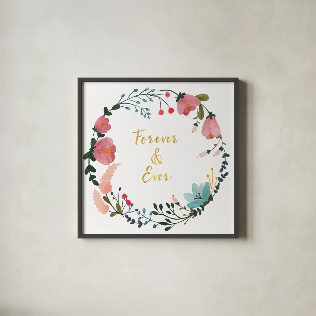 Romantic Floral I by Wild Apple Portfolio. Shown in a sleek black glass frame for a contemporary gallery look. Available as an archival giclee rolled canvas, fine art paper, or poster print. SKU 30130a.