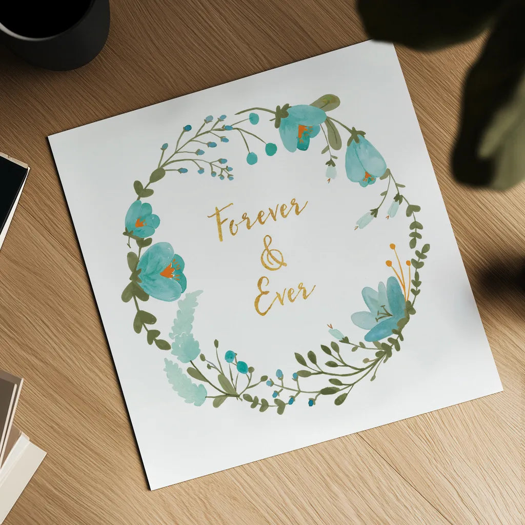 Romantic Floral I Blue by Wild Apple Portfolio. Shown as a detailed flat fine art print, highlighting archival giclee quality. Available as an archival giclee rolled canvas, fine art paper, or poster print. SKU 57582a.