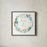 Romantic Floral I Blue by Wild Apple Portfolio. Shown in a sleek black glass frame for a contemporary gallery look. Available as an archival giclee rolled canvas, fine art paper, or poster print. SKU 57582a.