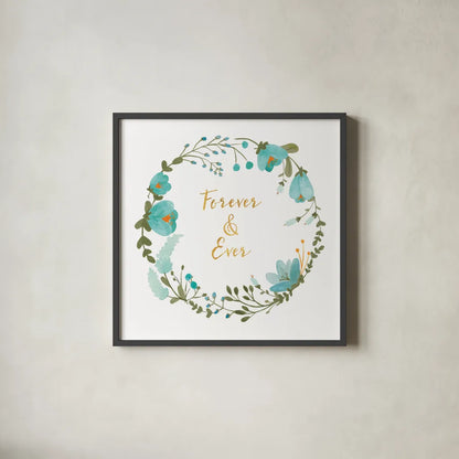 Romantic Floral I Blue by Wild Apple Portfolio. Shown in a sleek black glass frame for a contemporary gallery look. Available as an archival giclee rolled canvas, fine art paper, or poster print. SKU 57582a.