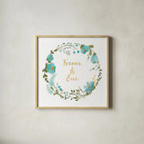 Romantic Floral I Blue by Wild Apple Portfolio. Shown in a natural wood glass frame for a timeless modern aesthetic. Available as an archival giclee rolled canvas, fine art paper, or poster print. SKU 57582a.