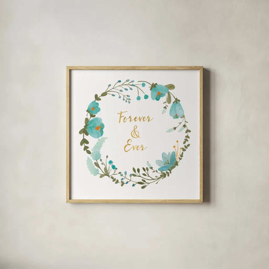 Romantic Floral I Blue by Wild Apple Portfolio. Shown in a natural wood glass frame for a timeless modern aesthetic. Available as an archival giclee rolled canvas, fine art paper, or poster print. SKU 57582a.