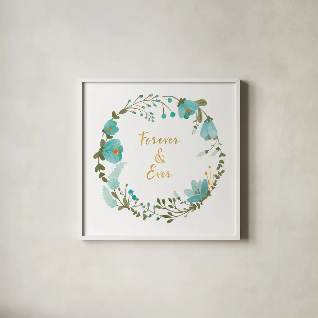 Romantic Floral I Blue by Wild Apple Portfolio. Shown in a crisp white glass frame for a clean and minimalist style. Available as an archival giclee rolled canvas, fine art paper, or poster print. SKU 57582a.