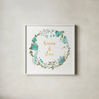 Romantic Floral I Blue by Wild Apple Portfolio. Shown in a crisp white glass frame for a clean and minimalist style. Available as an archival giclee rolled canvas, fine art paper, or poster print. SKU 57582a.