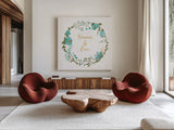 Romantic Floral I Blue by Wild Apple Portfolio. Shown as extra-large giant wall art in a modern living room. Available as an archival giclee rolled canvas, fine art paper, or poster print. SKU 57582a.