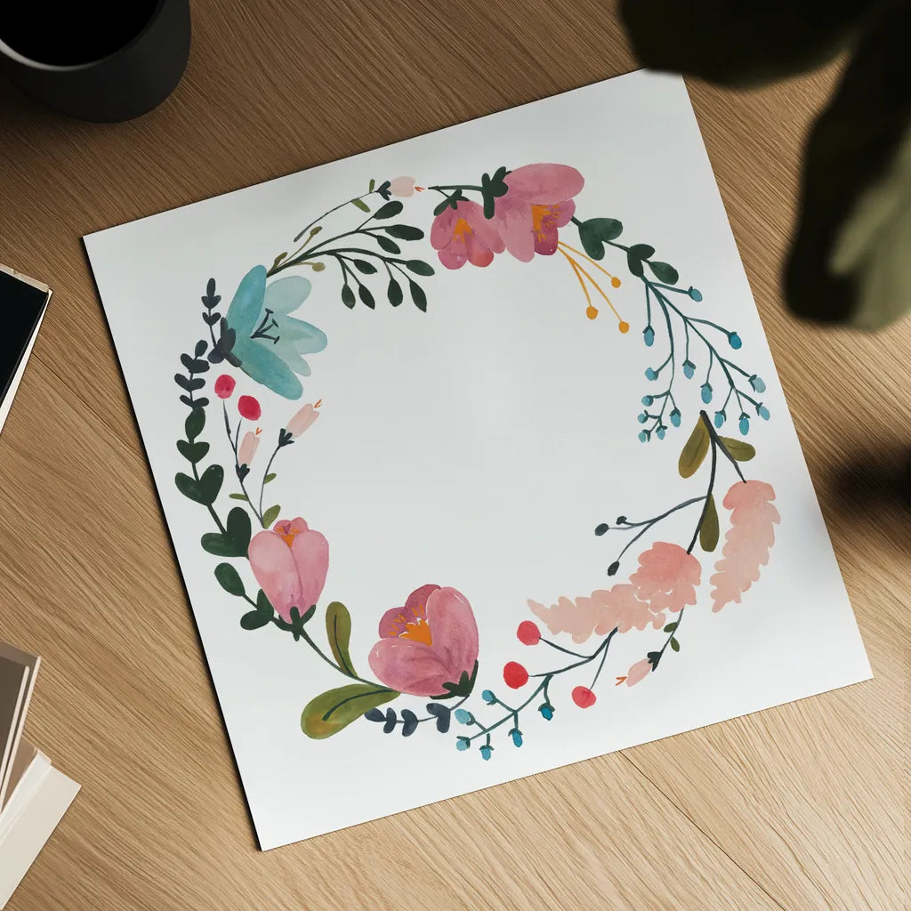 Romantic Floral Wreath II by Wild Apple Portfolio. Shown as a detailed flat fine art print, highlighting archival giclee quality. Available as an archival giclee rolled canvas, fine art paper, or poster print. SKU 66370a.
