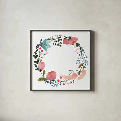 Romantic Floral Wreath II by Wild Apple Portfolio. Shown in a sleek black glass frame for a contemporary gallery look. Available as an archival giclee rolled canvas, fine art paper, or poster print. SKU 66370a.