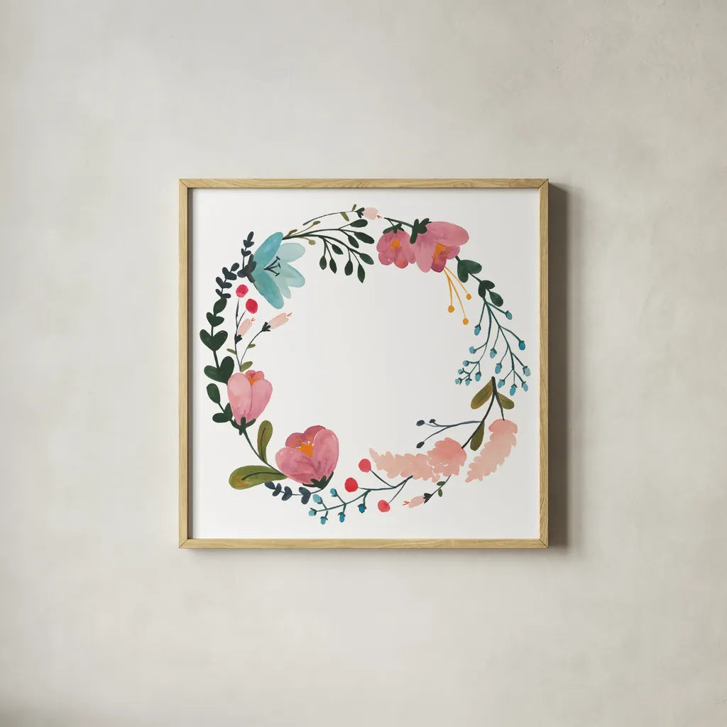 Romantic Floral Wreath II by Wild Apple Portfolio. Shown in a natural wood glass frame for a timeless modern aesthetic. Available as an archival giclee rolled canvas, fine art paper, or poster print. SKU 66370a.