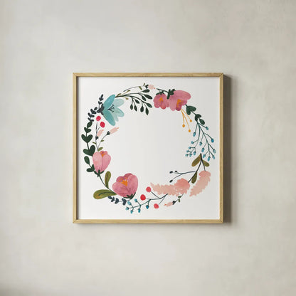 Romantic Floral Wreath II by Wild Apple Portfolio. Shown in a natural wood glass frame for a timeless modern aesthetic. Available as an archival giclee rolled canvas, fine art paper, or poster print. SKU 66370a.
