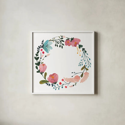 Romantic Floral Wreath II by Wild Apple Portfolio. Shown in a crisp white glass frame for a clean and minimalist style. Available as an archival giclee rolled canvas, fine art paper, or poster print. SKU 66370a.