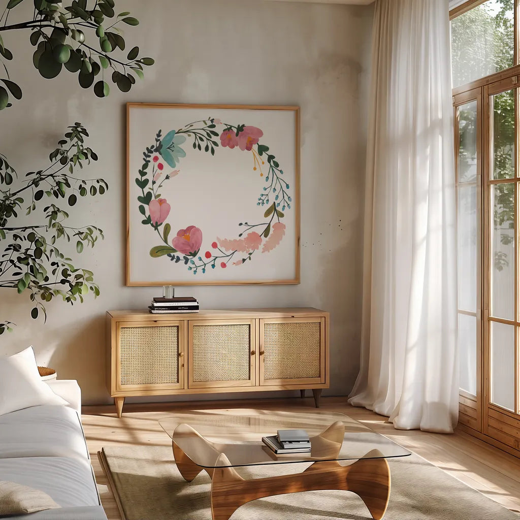 Romantic Floral Wreath II by Wild Apple Portfolio. Shown in a natural wood frame in a cozy modern living room. Available as an archival giclee rolled canvas, fine art paper, or poster print. SKU 66370a.