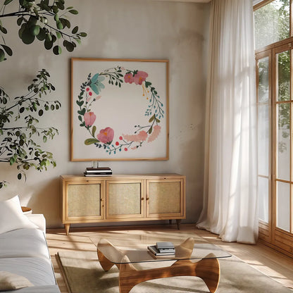 Romantic Floral Wreath II by Wild Apple Portfolio. Shown in a natural wood frame in a cozy modern living room. Available as an archival giclee rolled canvas, fine art paper, or poster print. SKU 66370a.