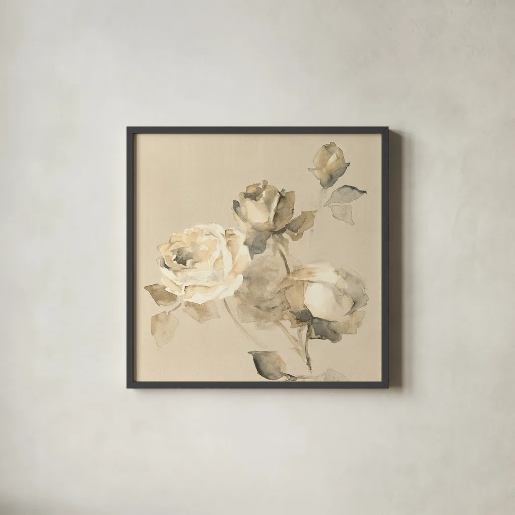 Rose Blossoms Crop by Wild Apple Portfolio. Shown in a sleek black glass frame for a contemporary gallery look. Available as an archival giclee rolled canvas, fine art paper, or poster print. SKU 15599a.