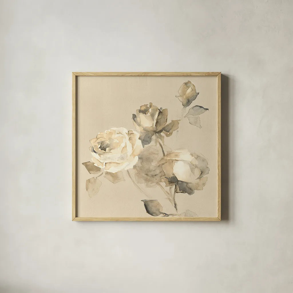 Rose Blossoms Crop by Wild Apple Portfolio. Shown in a natural wood glass frame for a timeless modern aesthetic. Available as an archival giclee rolled canvas, fine art paper, or poster print. SKU 15599a.