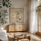Rose Blossoms Crop by Wild Apple Portfolio. Shown in a natural wood frame in a cozy modern living room. Available as an archival giclee rolled canvas, fine art paper, or poster print. SKU 15599a.