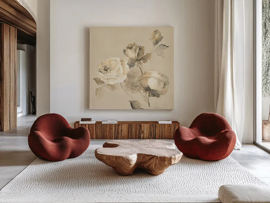 Rose Blossoms Crop by Wild Apple Portfolio. Shown as extra-large giant wall art in a modern living room. Available as an archival giclee rolled canvas, fine art paper, or poster print. SKU 15599a.