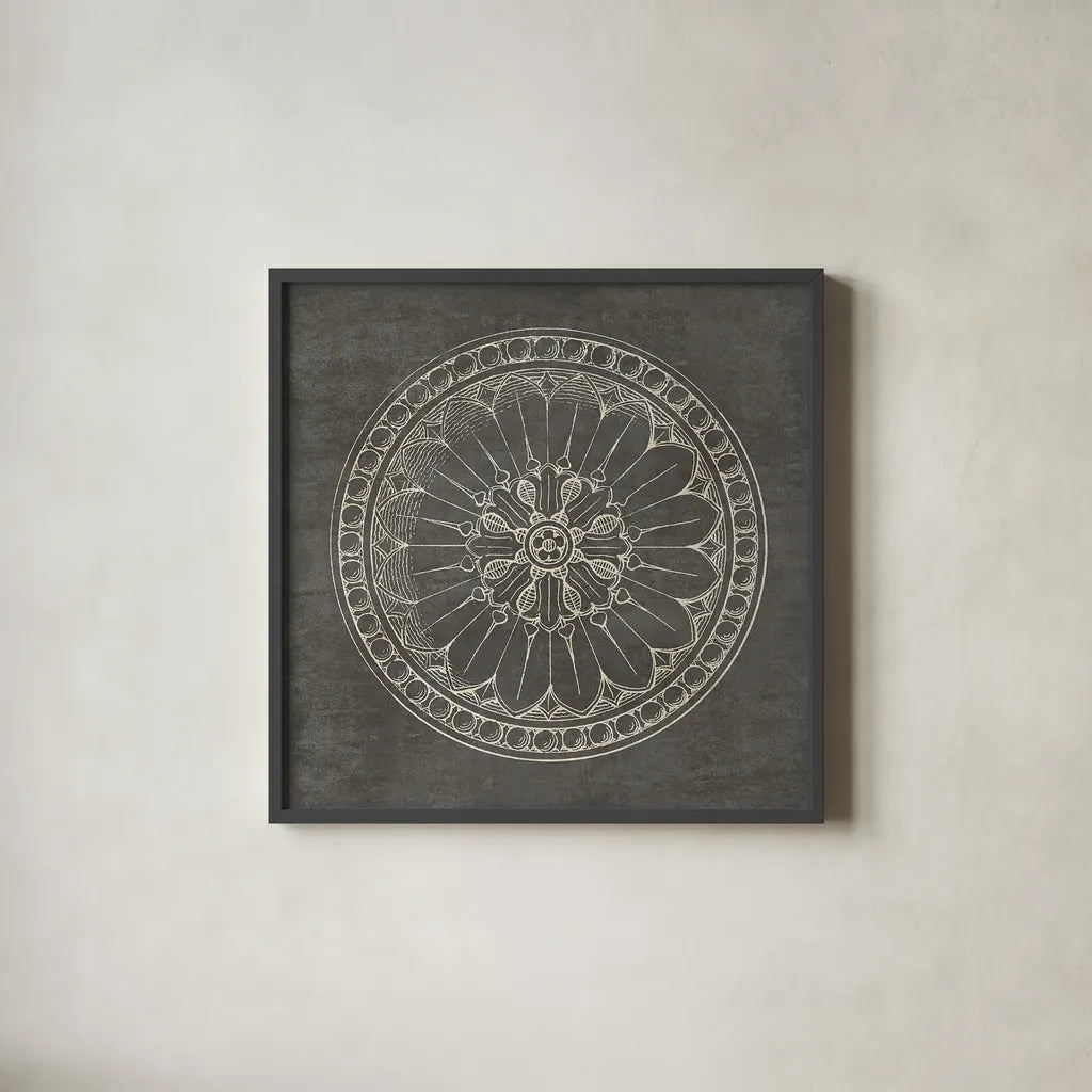 Rosette I Gray by Wild Apple Portfolio. Shown in a sleek black glass frame for a contemporary gallery look. Available as an archival giclee rolled canvas, fine art paper, or poster print. SKU 21573a.