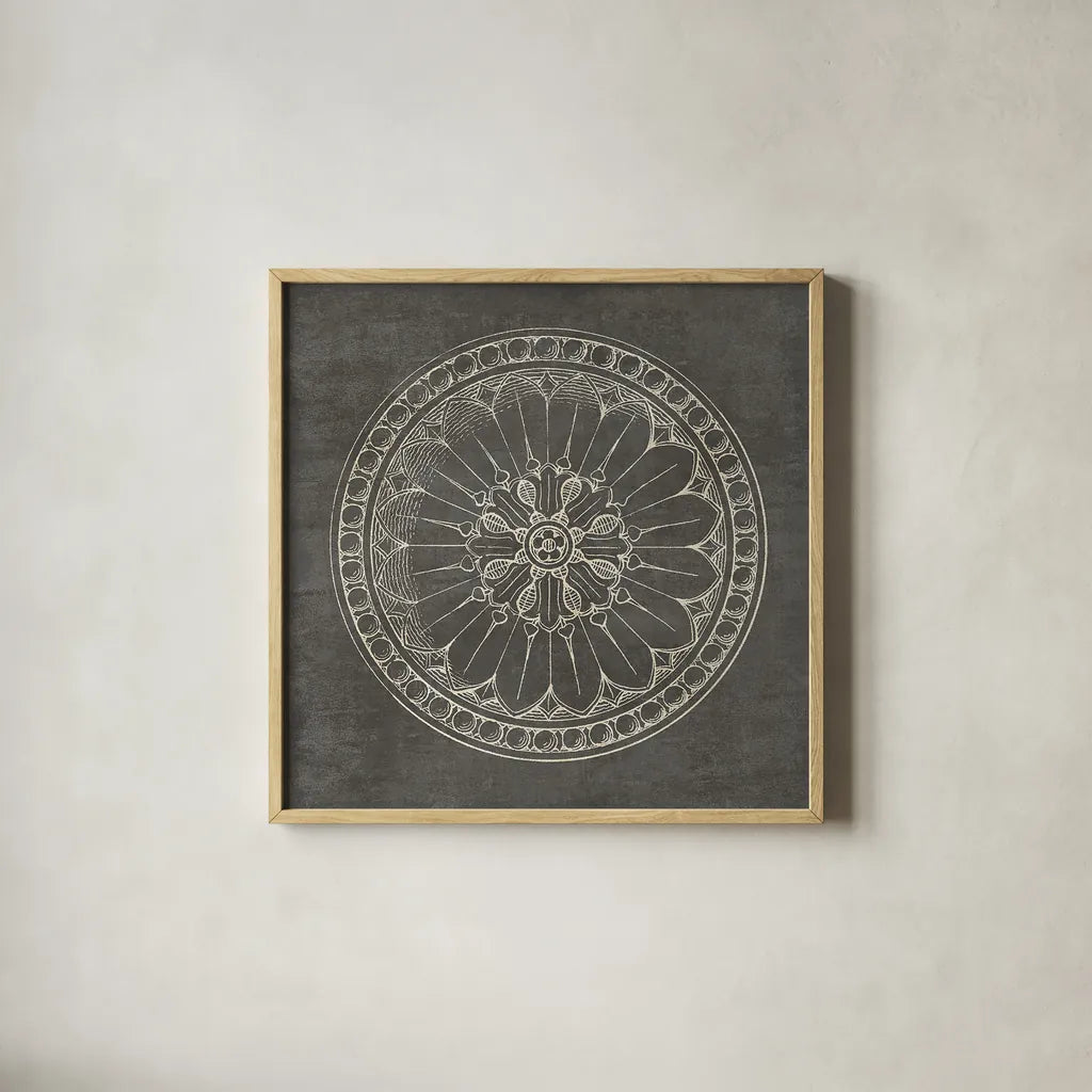 Rosette I Gray by Wild Apple Portfolio. Shown in a natural wood glass frame for a timeless modern aesthetic. Available as an archival giclee rolled canvas, fine art paper, or poster print. SKU 21573a.