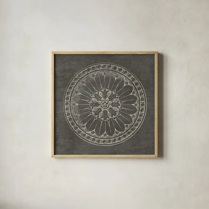 Rosette I Gray by Wild Apple Portfolio. Shown in a natural wood glass frame for a timeless modern aesthetic. Available as an archival giclee rolled canvas, fine art paper, or poster print. SKU 21573a.