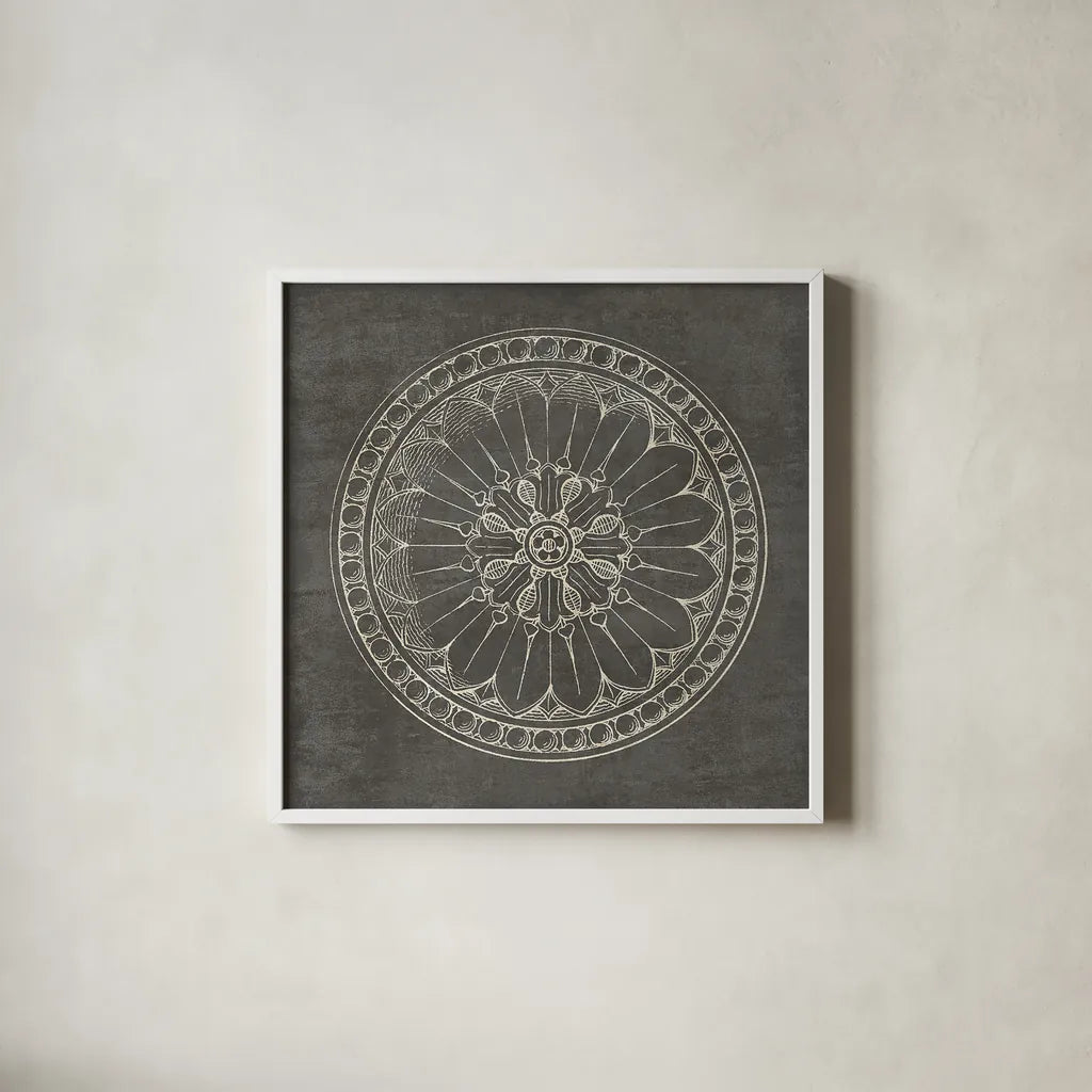 Rosette I Gray by Wild Apple Portfolio. Shown in a crisp white glass frame for a clean and minimalist style. Available as an archival giclee rolled canvas, fine art paper, or poster print. SKU 21573a.