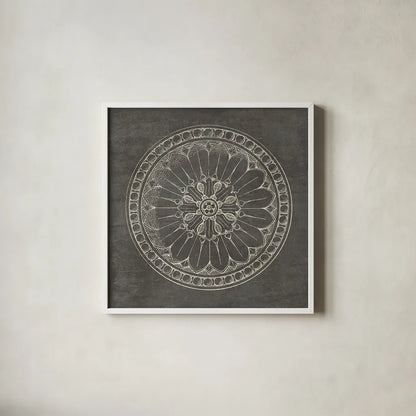 Rosette I Gray by Wild Apple Portfolio. Shown in a crisp white glass frame for a clean and minimalist style. Available as an archival giclee rolled canvas, fine art paper, or poster print. SKU 21573a.