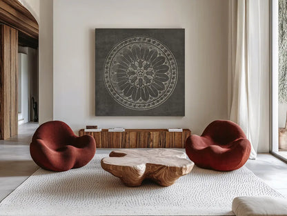 Rosette I Gray by Wild Apple Portfolio. Shown as extra-large giant wall art in a modern living room. Available as an archival giclee rolled canvas, fine art paper, or poster print. SKU 21573a.