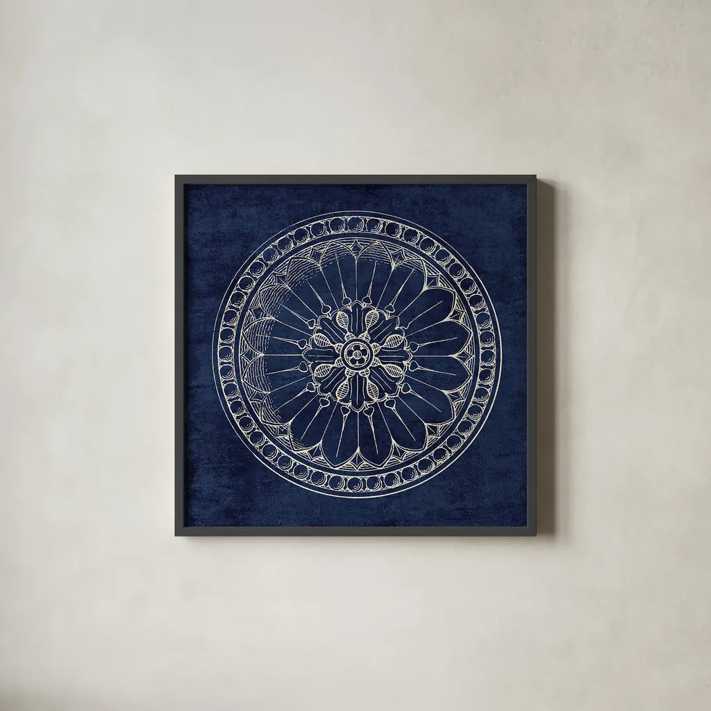 Rosette I Indigo by Wild Apple Portfolio. Shown in a sleek black glass frame for a contemporary gallery look. Available as an archival giclee rolled canvas, fine art paper, or poster print. SKU 23696a.