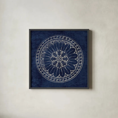Rosette I Indigo by Wild Apple Portfolio. Shown in a sleek black glass frame for a contemporary gallery look. Available as an archival giclee rolled canvas, fine art paper, or poster print. SKU 23696a.